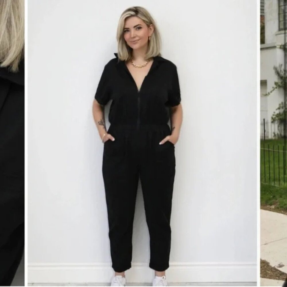 Smash + Tess Women Black Short Sleeve Zip Front Utility Jumpsuit Size M